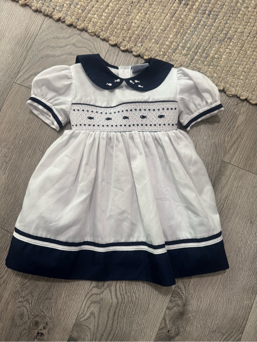 Carriage Boutique White Dress with Navy Smocking & Collar